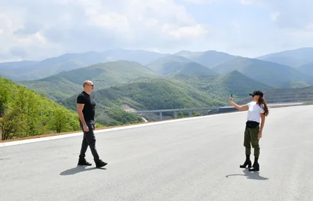 Azerbaijan's President, First Lady view progress of work at 66th-81st kilometer section of Ahmadbayli-Fuzuli-Shusha highway