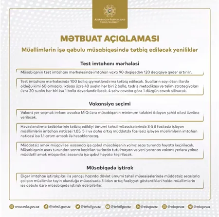 Müəllimlərin işə qəbulu qaydasında dəyişiklik edilib