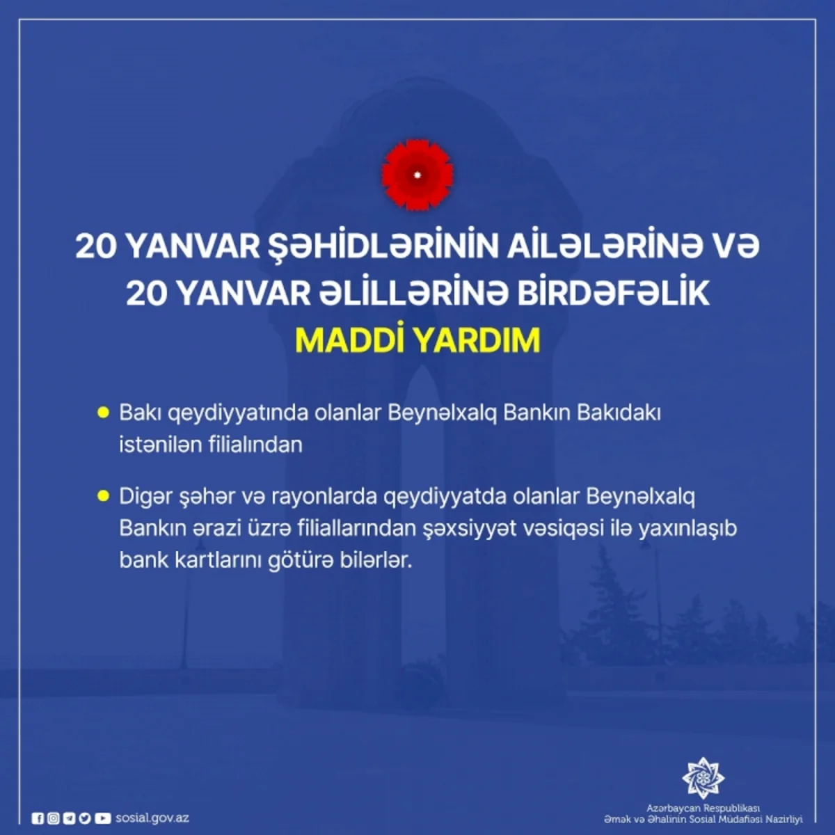 20 Yanvar şəhidlərinin ailələrinə və əlillərinə birdəfəlik maddi yardım ödənilib
