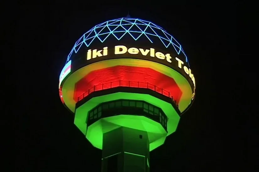 Ankara tower lit up with colors of Azerbaijani flag