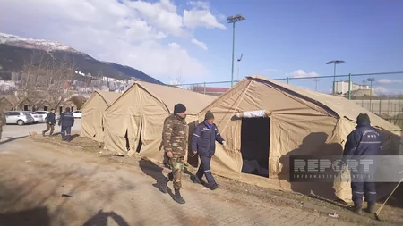 Azerbaijani rescuers setting up another temporary tent camp in Kahramanmaras