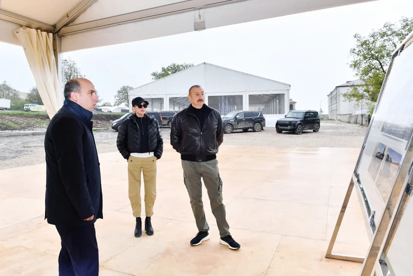President Ilham Aliyev and First Lady Mehriban Aliyeva view repair and restoration work to be carried out at Shusha Realniy School