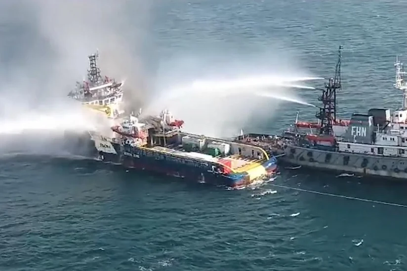 Xəzərdə təchizat gəmisində baş vermiş yanğın tam söndürülüb