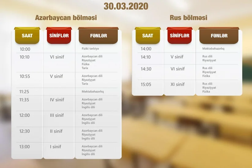 Teledərslərin sabaha olan cədvəli açıqlandı