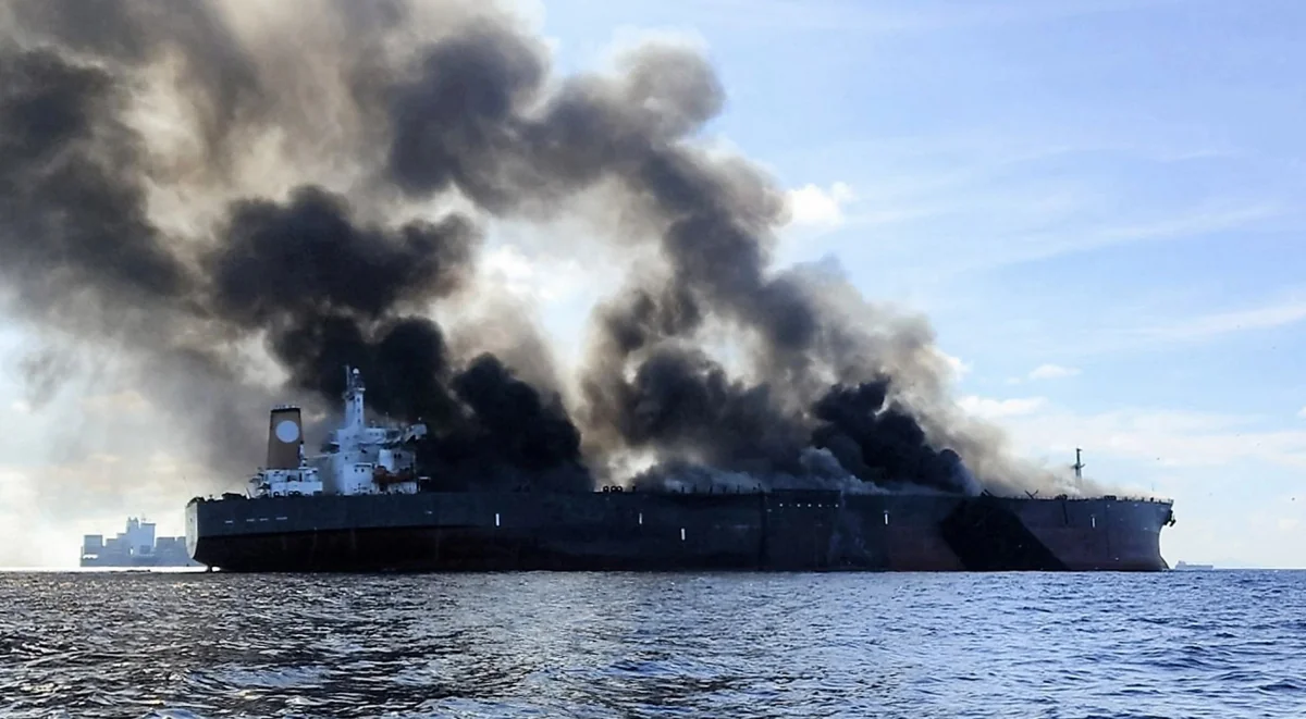 Oil tankers on fire off Singapore