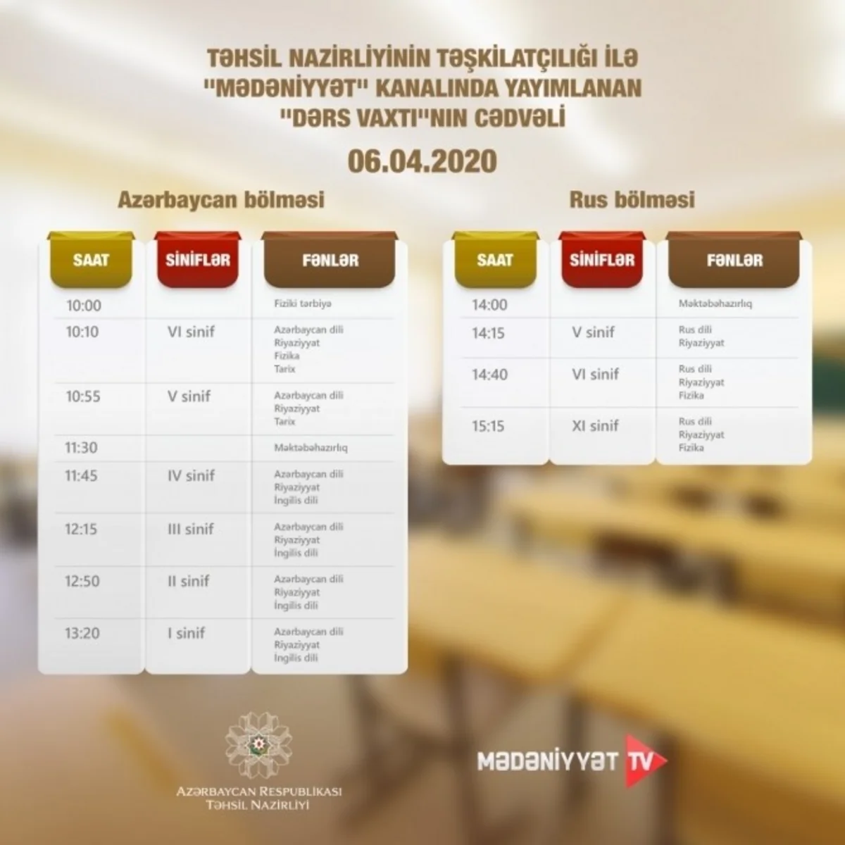 Aprelin 6-sı üçün teledərslərin cədvəli bəlli oldu