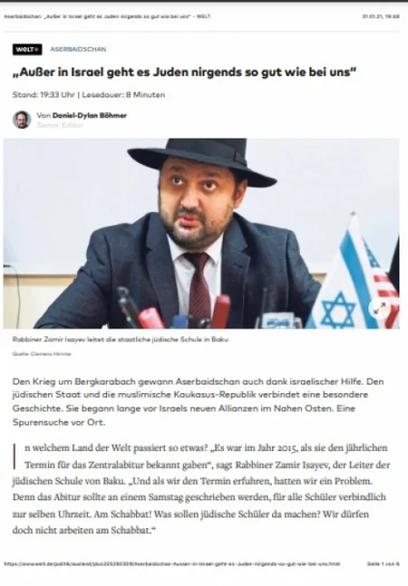 “Welt” nəşrində Azərbaycan-İsrail münasibətlərindən bəhs edən məqalə dərc olunub