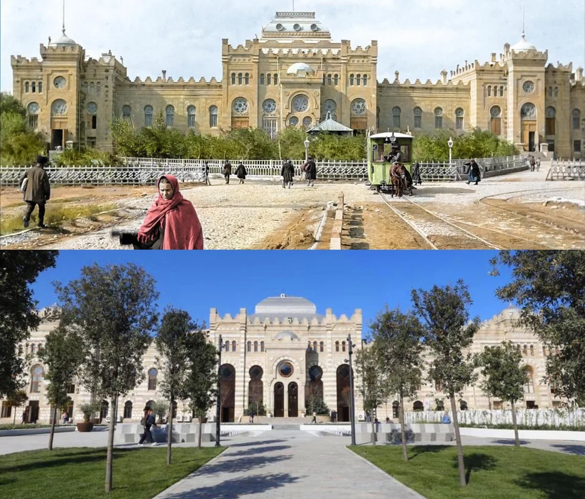 Yüz qırx yaşlı “Tiflis” vağzalının binası qarşısındakı meydan füsunkar görünüşdə