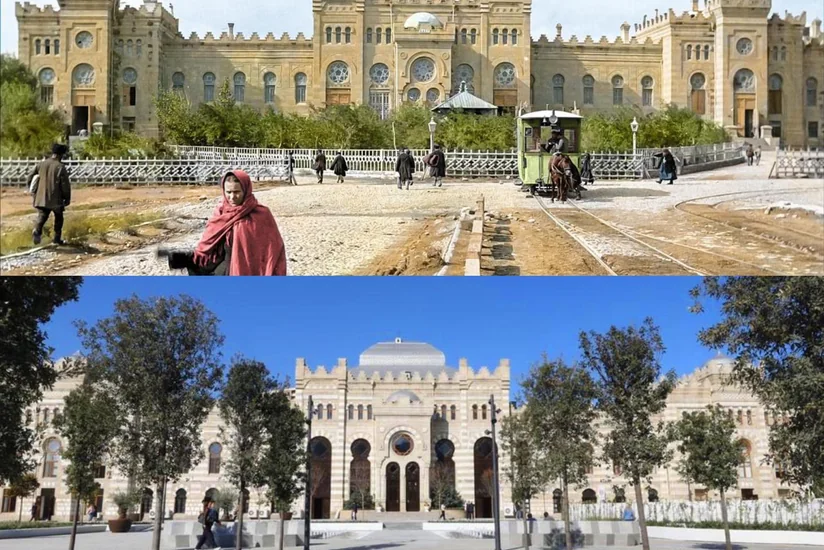 Yüz qırx yaşlı “Tiflis” vağzalının binası qarşısındakı meydan füsunkar görünüşdə
