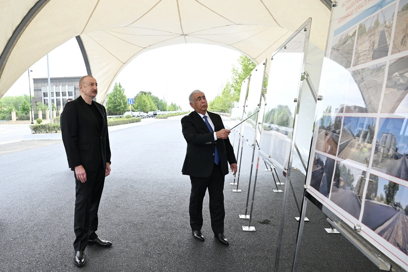 Ilham Aliyev reviews construction progress on Baku–Alat–Gazakh–State Border with Georgia highway section passing through Yevlakh