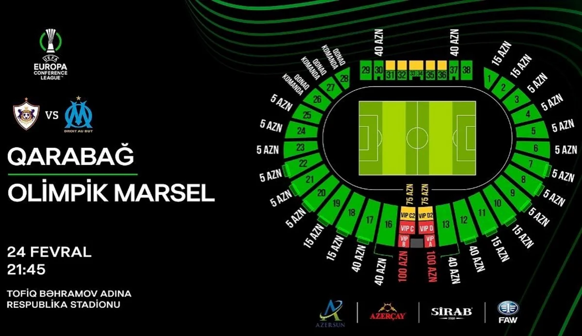 “Qarabağ” – “Marsel” oyunu üçün ən ucuz bilet 5 manata olacaq
