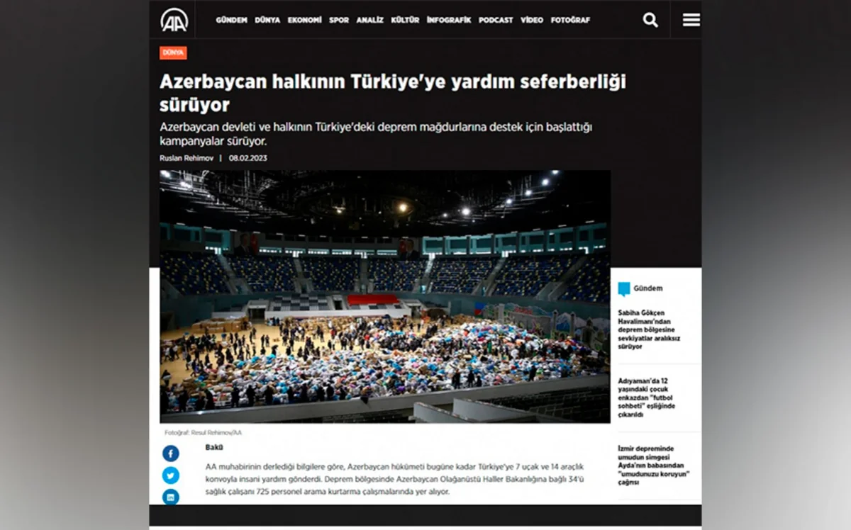 Türkiyə mətbuatı: Azərbaycan xalqı zəlzələdən zərər çəkənlər üçün səfərbər olub