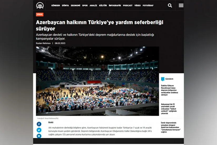 Турецкие СМИ: Азербайджанский народ мобилизован для оказания помощи пострадавшим от землетрясения