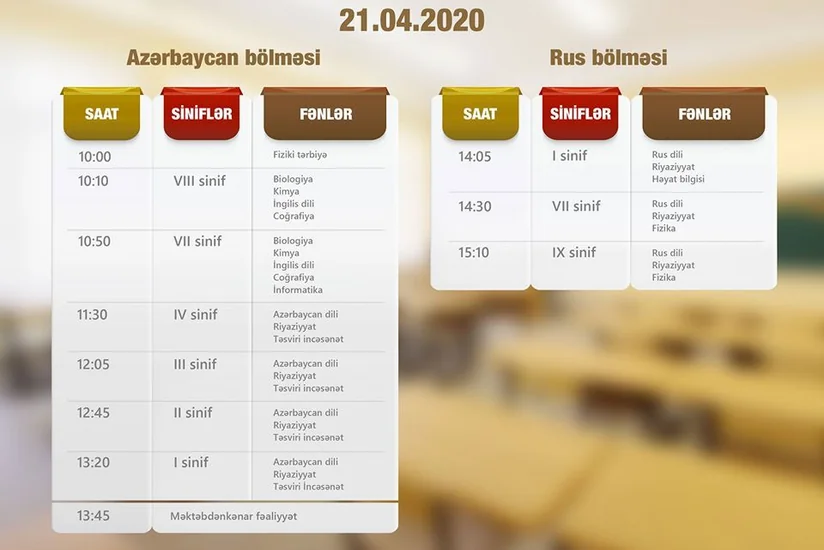 Teledərslərin sabaha olan cədvəli açıqlandı