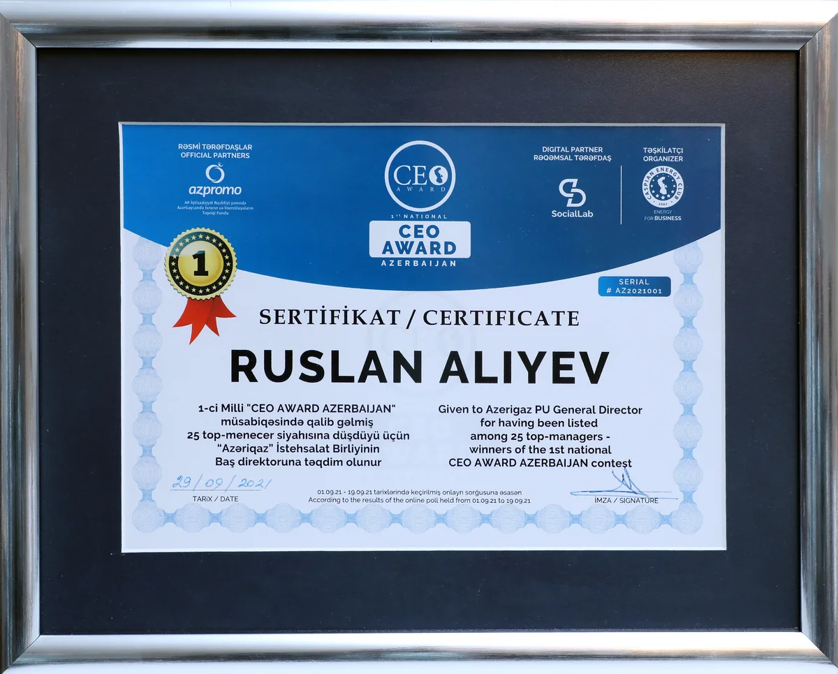Azəriqaz rəhbəri I milli “CEO Award Azerbaijan” müsabiqəsinin qalibi olub