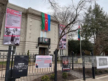 Photos and posters about Khojaly genocide displayed outside Azerbaijani Embassy in US
