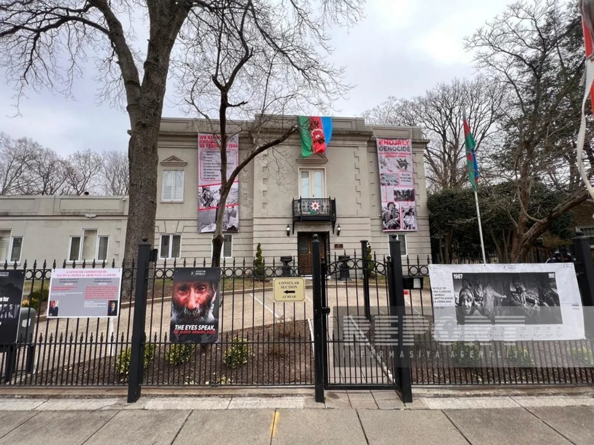 Photos and posters about Khojaly genocide displayed outside Azerbaijani Embassy in US