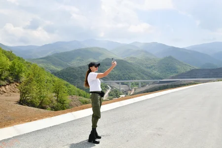 Azerbaijan's President, First Lady view progress of work at 66th-81st kilometer section of Ahmadbayli-Fuzuli-Shusha highway