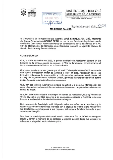 Peruvian Congress adopts statement on occasion of Azerbaijan’s Victory Day