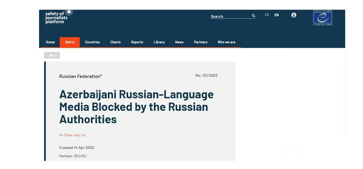 Avropa Şurasının platforması Rusiyada bloklanan Azərbaycan KİV-ə dəstək ifadə edib