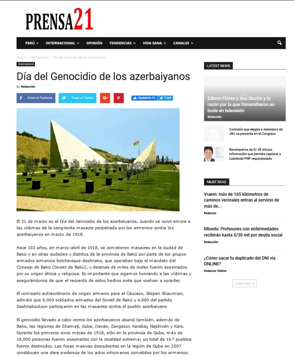 31 Mart soyqırımı Peru mətbuatında