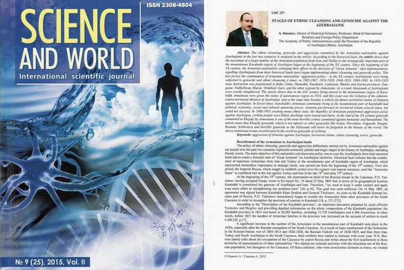 Professor Əli Həsənovun elmi məqaləsi Rusiyanın nüfuzlu “Science and world” jurnalında dərc edilib