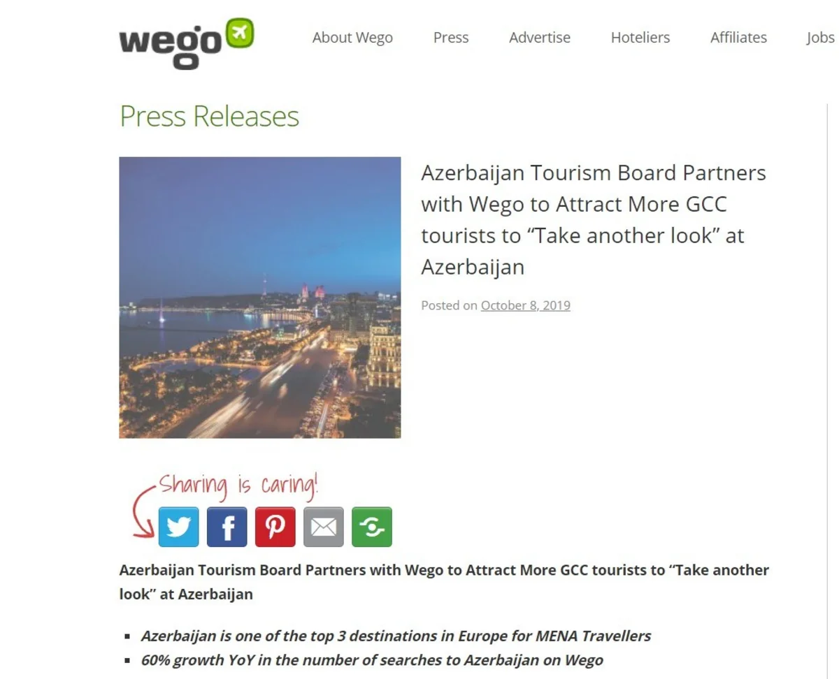 Azərbaycan Yaxın Şərqdə turizm potensialının təbliğatını genişləndirir