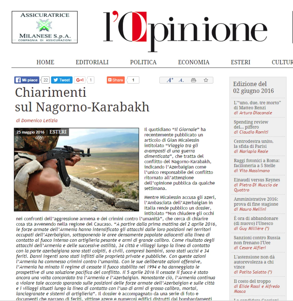 ​İtalyan jurnalist Dağlıq Qarabağla bağlı qərəzli məqaləyə cavab verib
