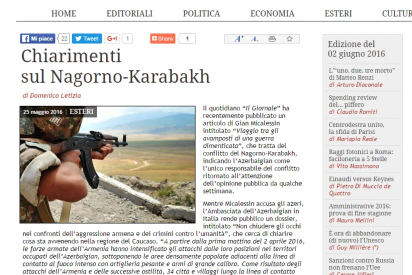 ​İtalyan jurnalist Dağlıq Qarabağla bağlı qərəzli məqaləyə cavab verib