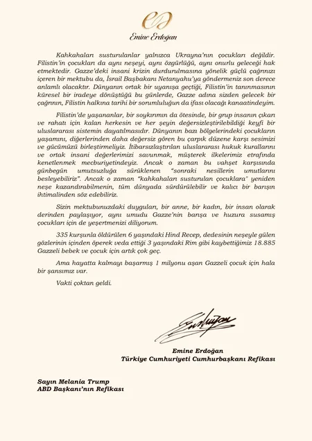 Əminə Ərdoğan Qəzzada uşaqların vəziyyəti ilə bağlı Melaniya Trampa məktub yazıb