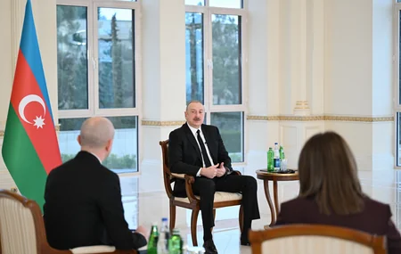 President of Azerbaijan Ilham Aliyev interviewed by local TV channels