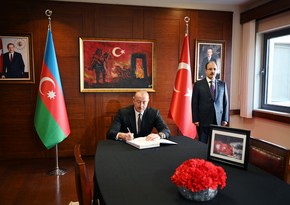 Ilham Aliyev visits embassy of Turkiye in Azerbaijan, expresses condolences over heavy losses