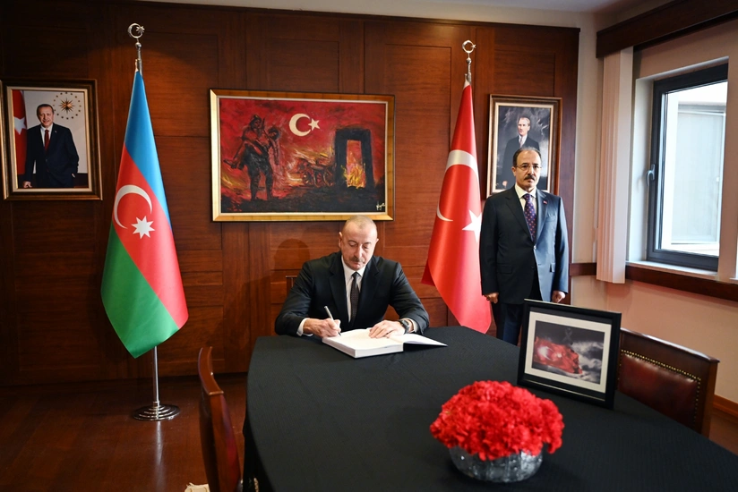 Ilham Aliyev visits embassy of Turkiye in Azerbaijan, expresses condolences over heavy losses