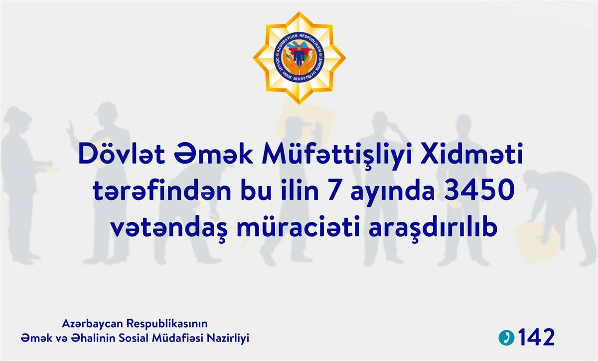 Son 7 ayda Dövlət Əmək Müfəttişliyi Xidməti 3450 vətəndaşın müraciətini araşdırıb
