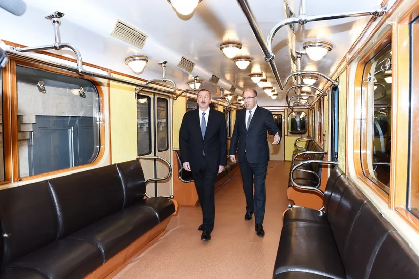President Ilham Aliyev reviews retro carriages in Baku Metro