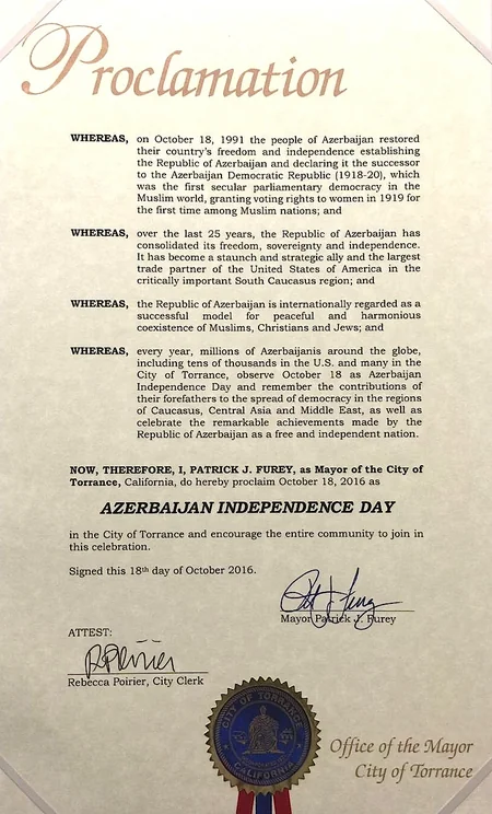 West Hollywood proclaims October 18 as Azerbaijan Independence Day’