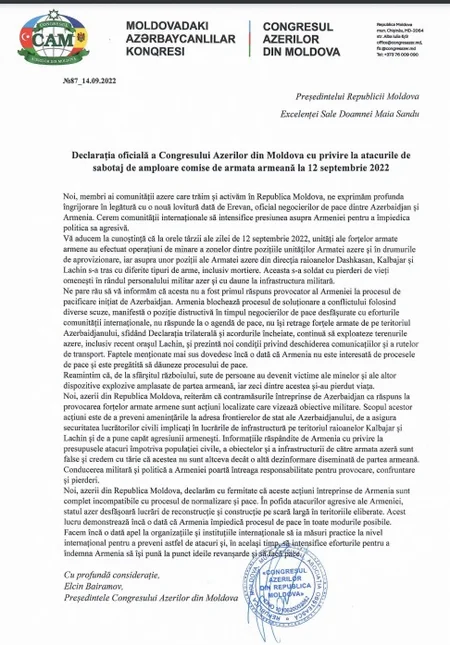 Moldovadakı diasporumuz ölkə rəhbəri Maya Sanduya müraciət edib