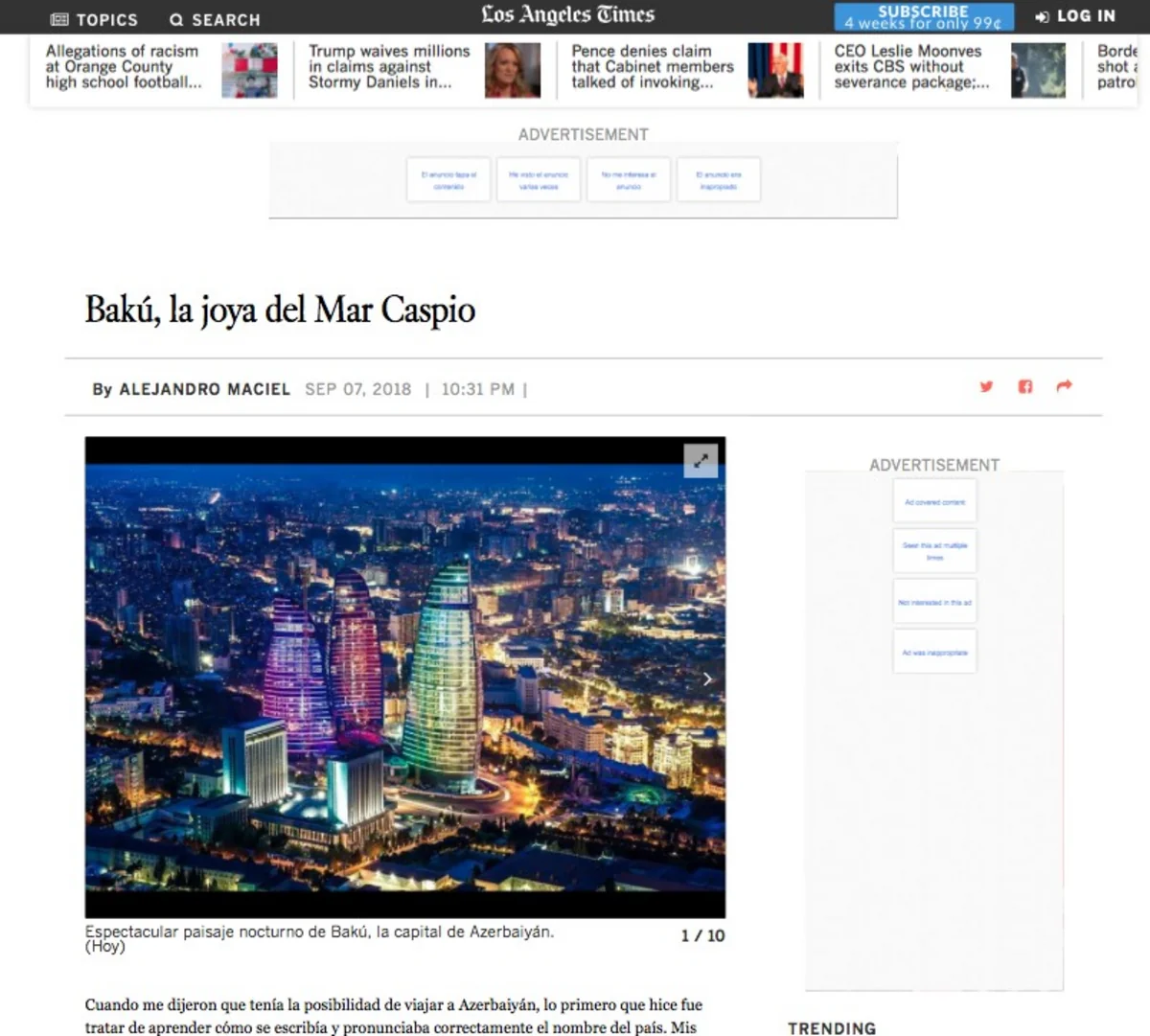 Spanish edition of 'Los Angeles Times’ writes about beauty of Baku