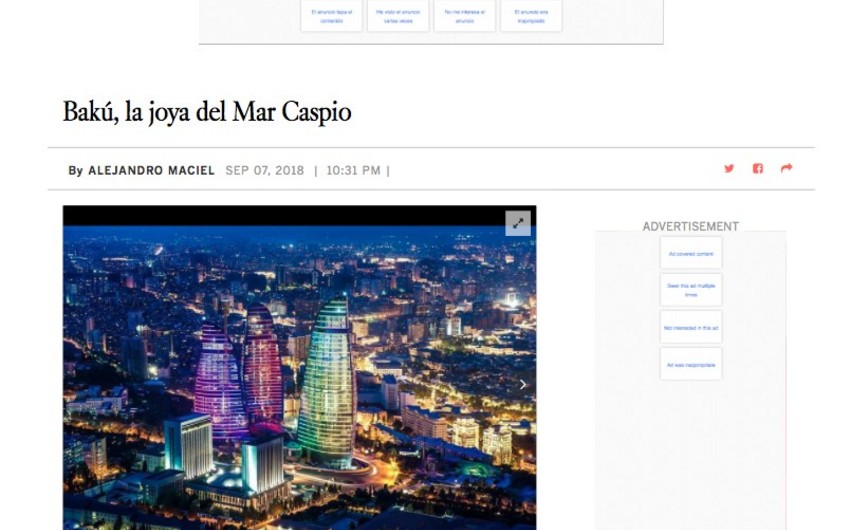 “Los Angeles Times” qəzetinin ispandilli versiyası Bakı haqında məqalə dərc edib