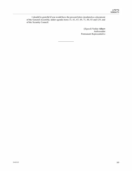 Azərbaycanın Xocalı soyqırımı ilə bağlı Baş katibə göndərdiyi məktub BMT-nin rəsmi sənədi kimi yayılıb