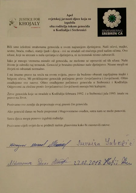 Xocalı və Srebrenitsa soyqırımında hər iki valideynini itirən gənclər dünya ictimaiyyətinə müraciət ediblər