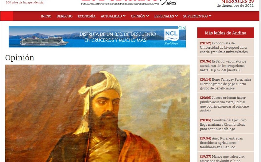 Nizami Gəncəvinin zəngin ədəbi irsi Perunun rəsmi mətbuatında