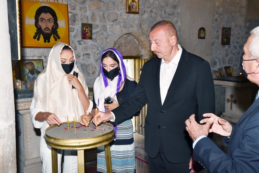 President Ilham Aliyev visits secondary school No 1 and Saint Elisæus Jotaari Church in Nij settlement, Gabala