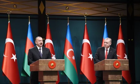 Azerbaijani and Turkish presidents making joint statements to press