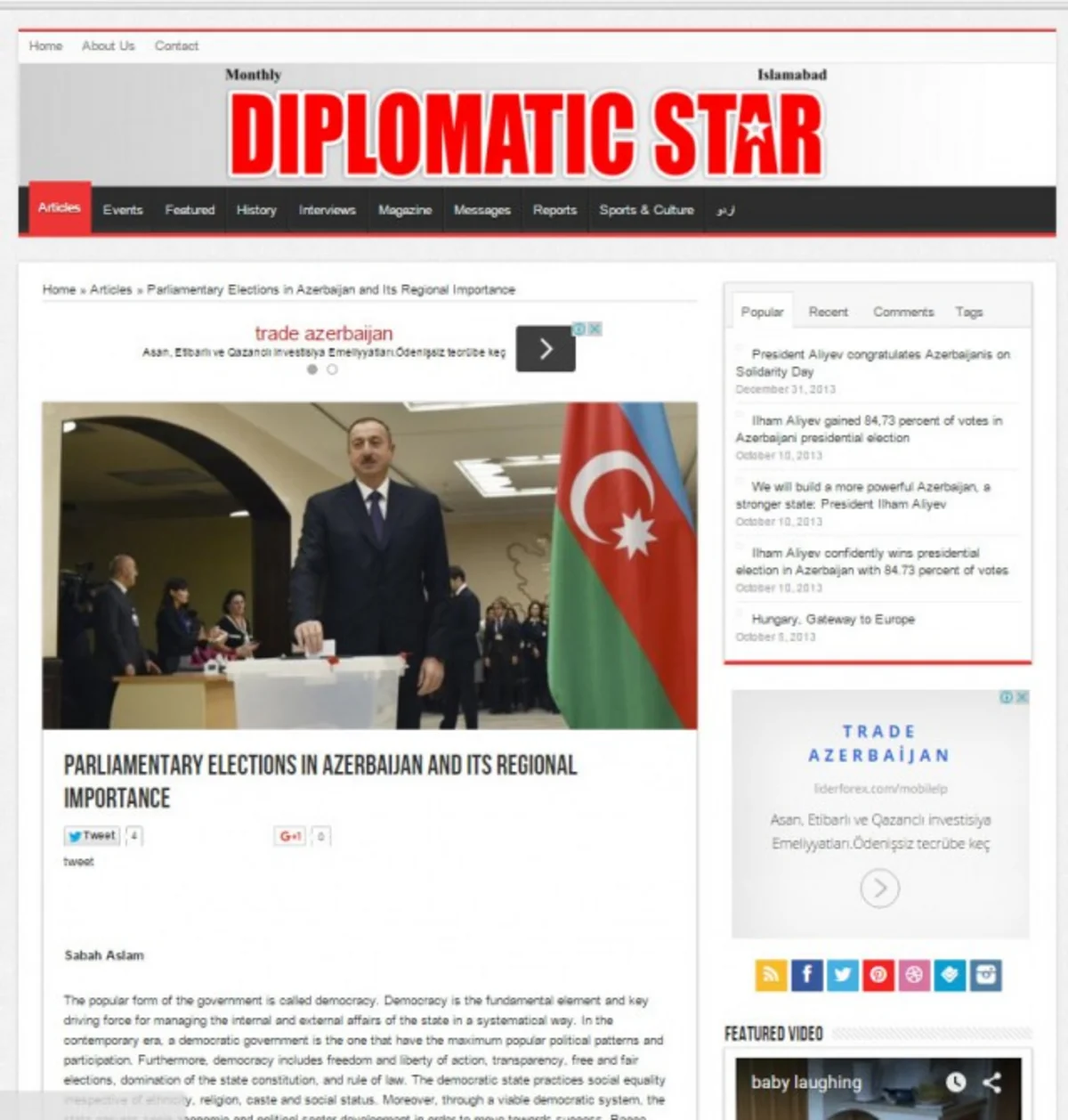 Pakistanın “Diplomatic Star” jurnalında Azərbaycanda keçirilən parlament seçkiləri ilə bağlı məqalə çıxıb