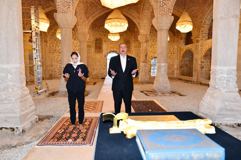 Ilham Aliyev and Mehriban Aliyeva visit Yukhari Govhar Agha Mosque in Shusha 