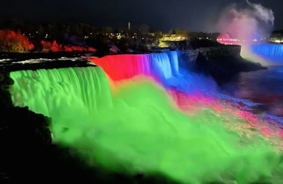 Niagara Falls lit up with colors of Azerbaijani flag