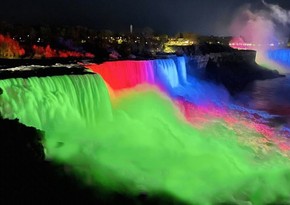 Niagara Falls lit up with colors of Azerbaijani flag