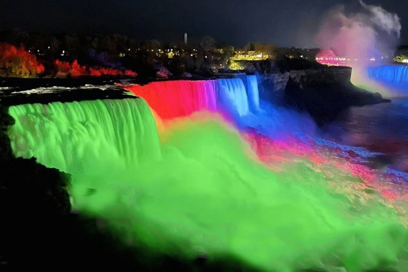 Niagara Falls lit up with colors of Azerbaijani flag