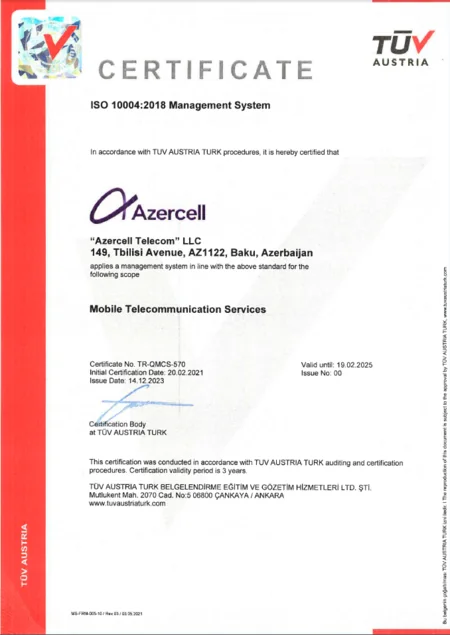 Azercell awarded international certificate for quality management